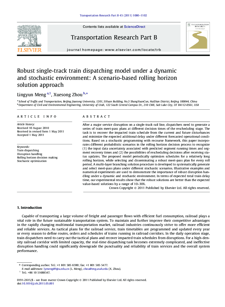 Robust single-track train dispatching model under a dynamic and stochastic environment: A scenario-based rolling horizon solution approach