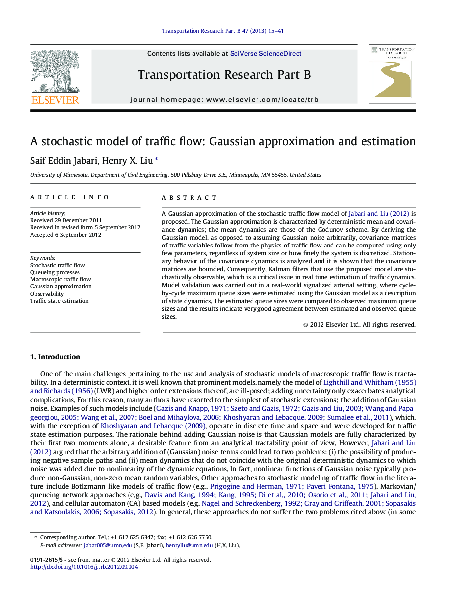 A stochastic model of traffic flow: Gaussian approximation and estimation