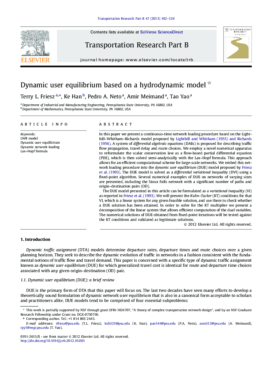 Dynamic user equilibrium based on a hydrodynamic model 