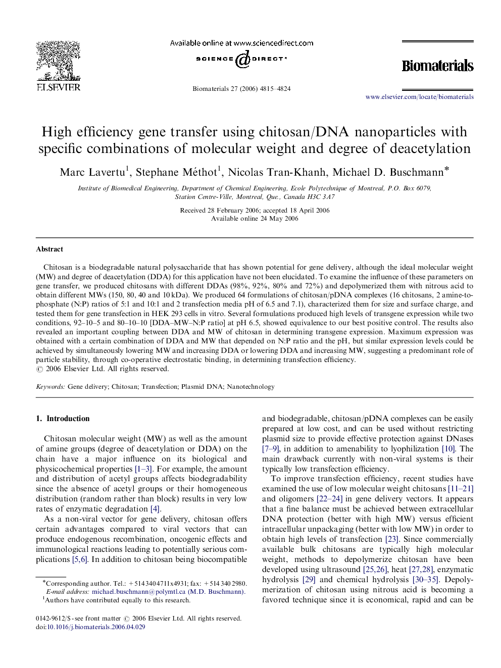 High efficiency gene transfer using chitosan/DNA nanoparticles with specific combinations of molecular weight and degree of deacetylation