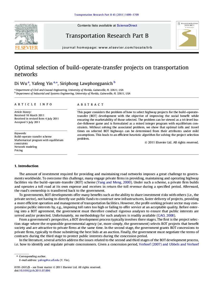 Optimal selection of build–operate-transfer projects on transportation networks