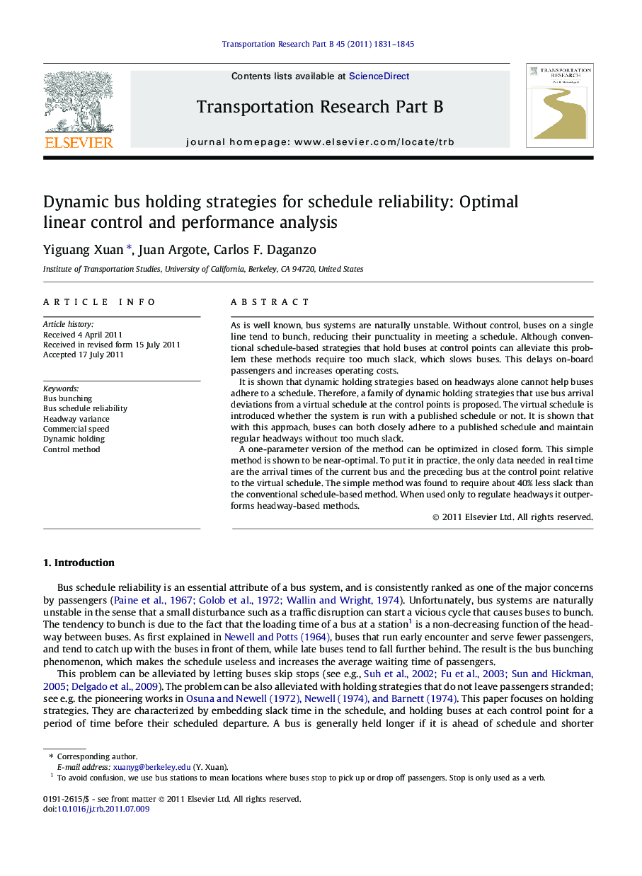 Dynamic bus holding strategies for schedule reliability: Optimal linear control and performance analysis