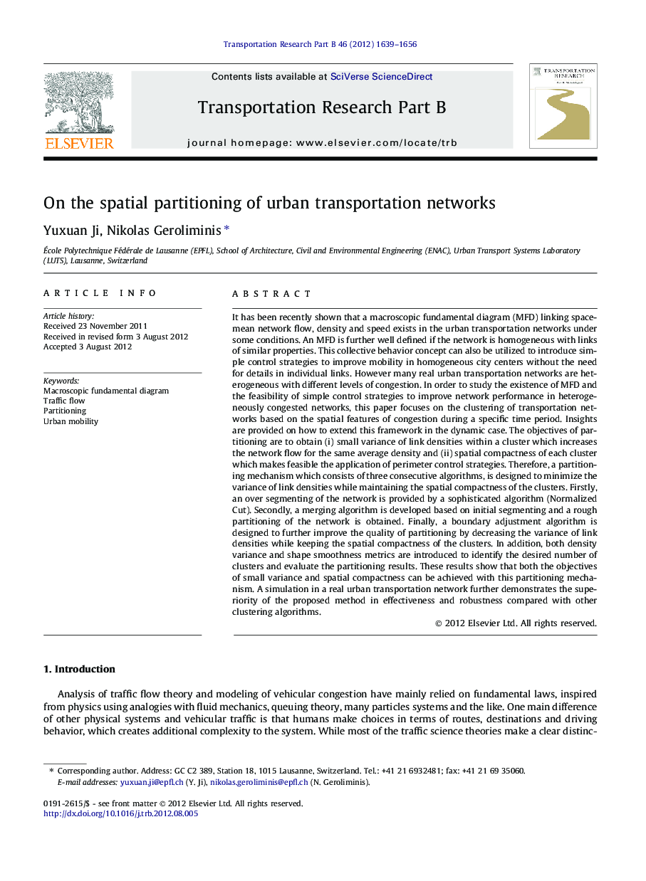 عکس صفحه اول مقاله: On the spatial partitioning of urban transportation networks On the spatial partitioning of urban transportation networks