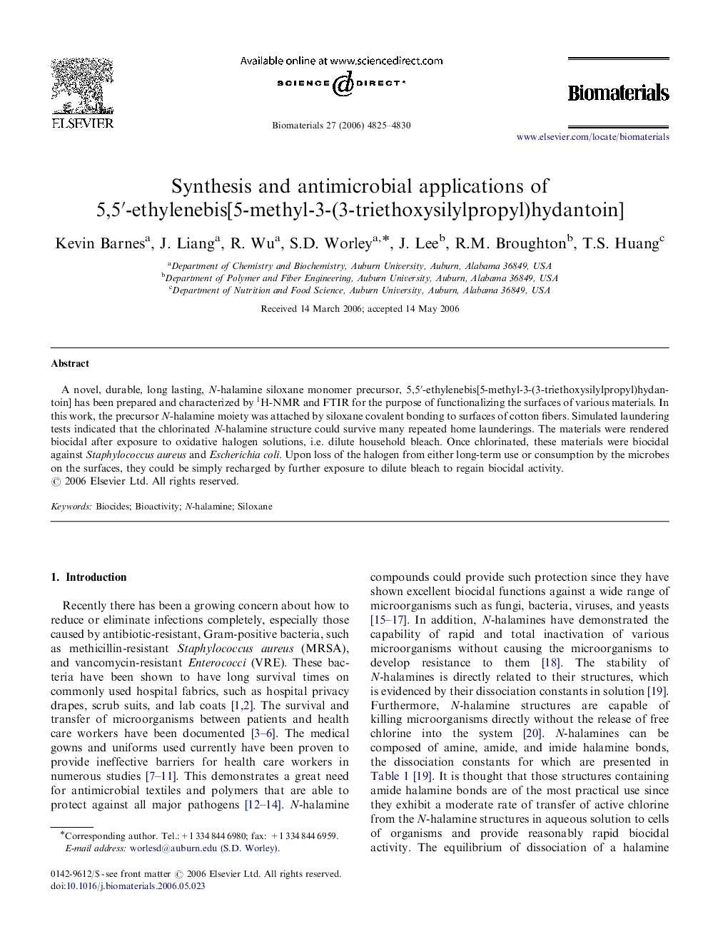 Synthesis and antimicrobial applications of 5,5′-ethylenebis[5-methyl-3-(3-triethoxysilylpropyl)hydantoin]