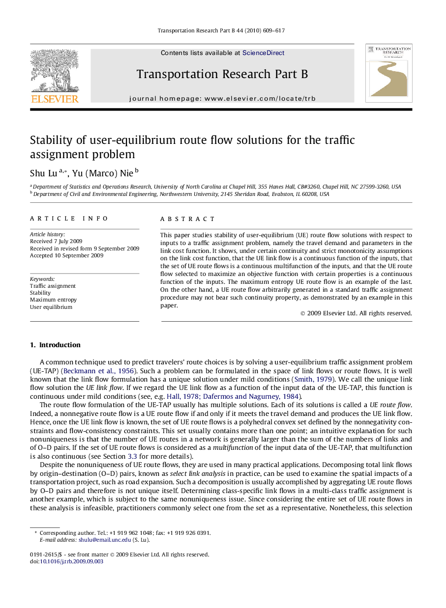 Stability of user-equilibrium route flow solutions for the traffic assignment problem