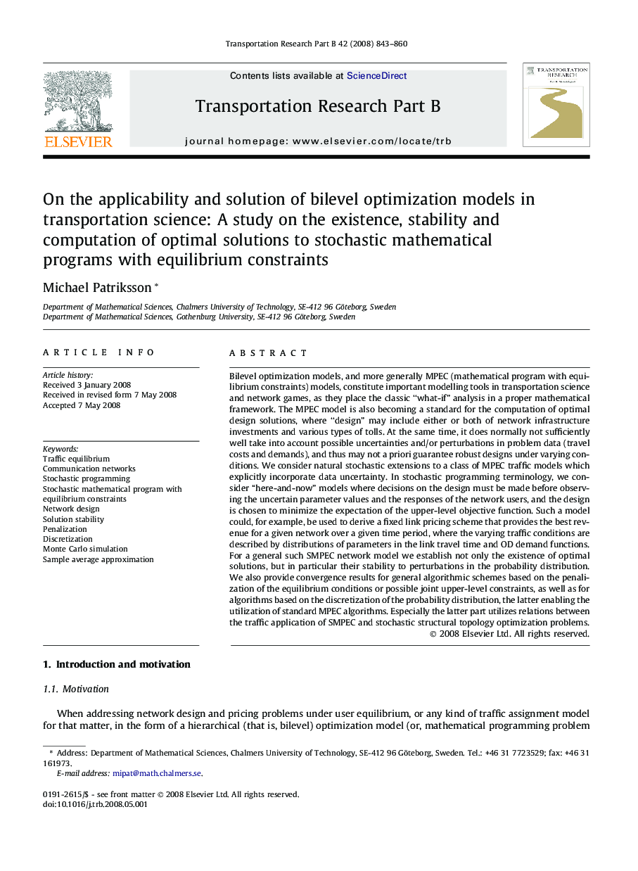 On the applicability and solution of bilevel optimization models in transportation science: A study on the existence, stability and computation of optimal solutions to stochastic mathematical programs with equilibrium constraints