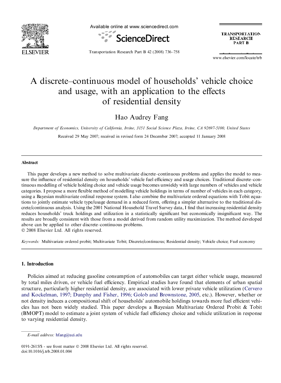 A discrete–continuous model of households’ vehicle choice and usage, with an application to the effects of residential density
