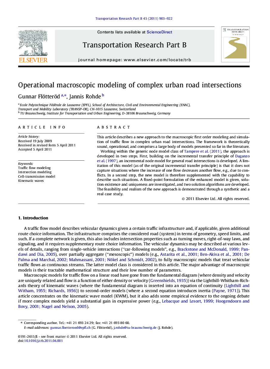 Operational macroscopic modeling of complex urban road intersections