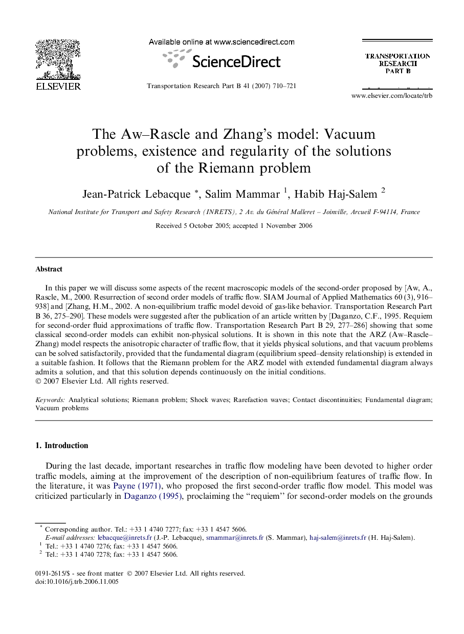 The Aw–Rascle and Zhang’s model: Vacuum problems, existence and regularity of the solutions of the Riemann problem