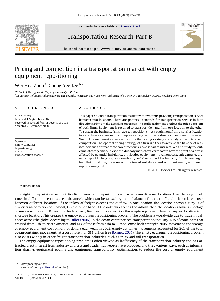 Pricing and competition in a transportation market with empty equipment repositioning