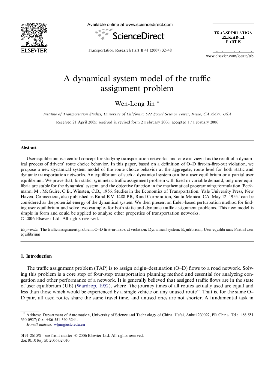 A dynamical system model of the traffic assignment problem