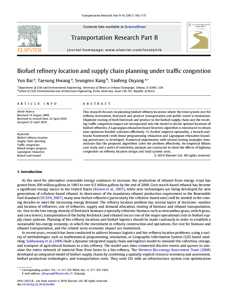 Biofuel refinery location and supply chain planning under traffic congestion