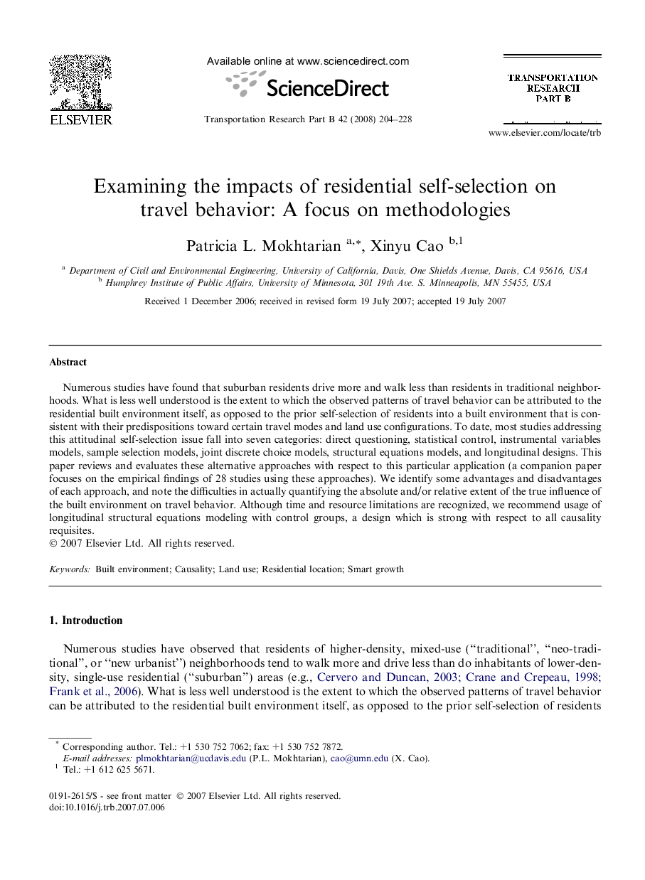 Examining the impacts of residential self-selection on travel behavior: A focus on methodologies