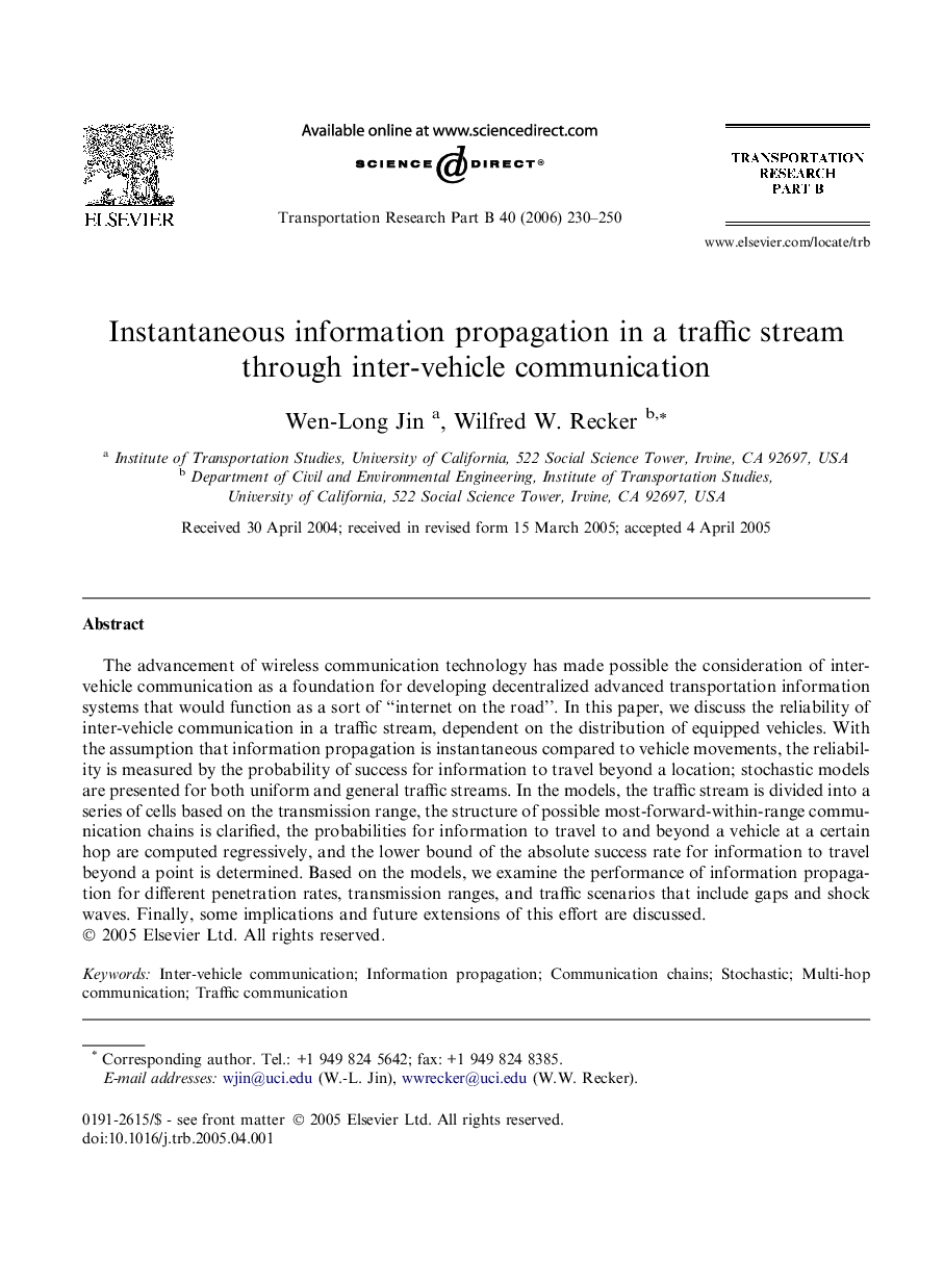 Instantaneous information propagation in a traffic stream through inter-vehicle communication