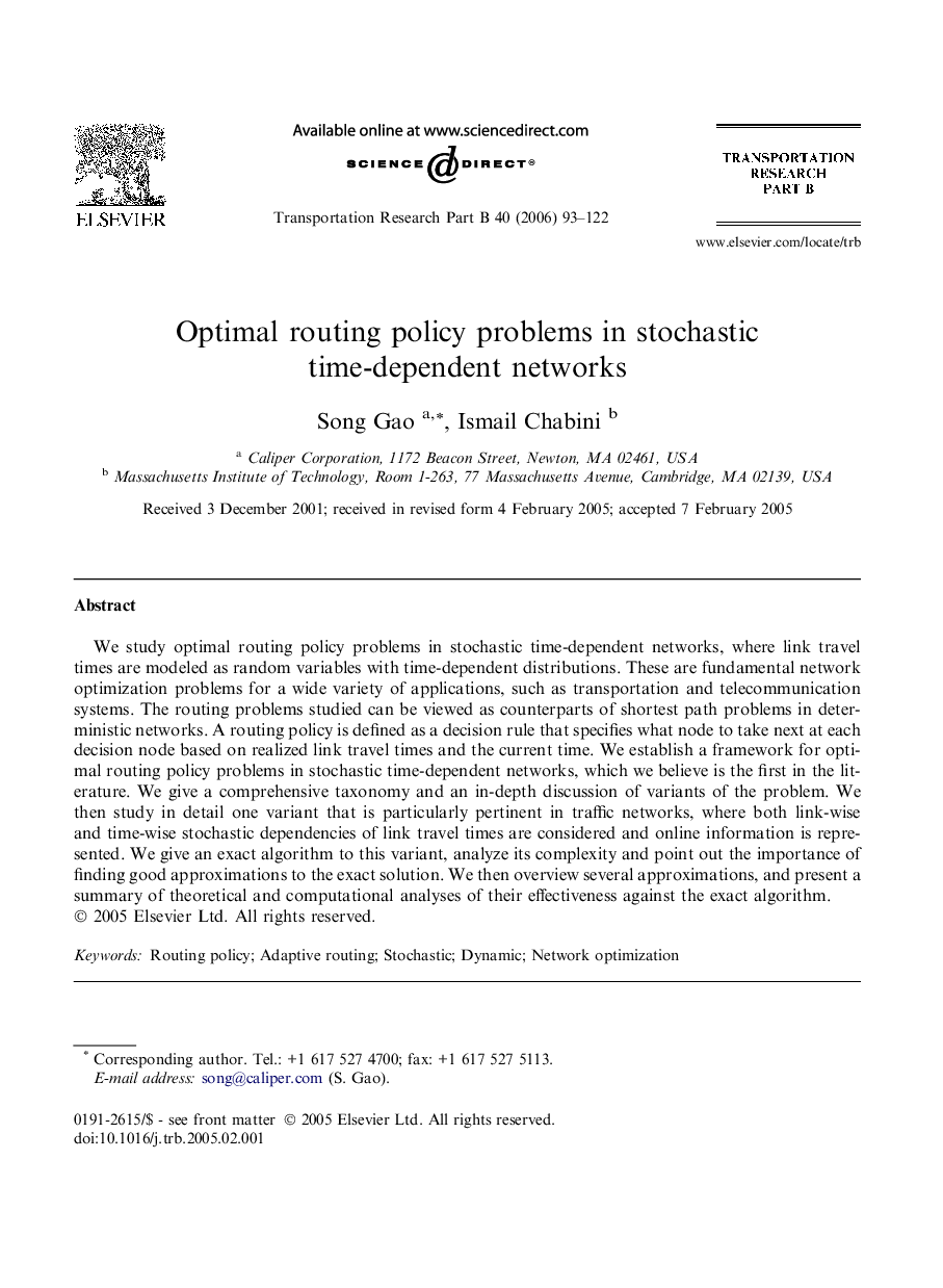 Optimal routing policy problems in stochastic time-dependent networks