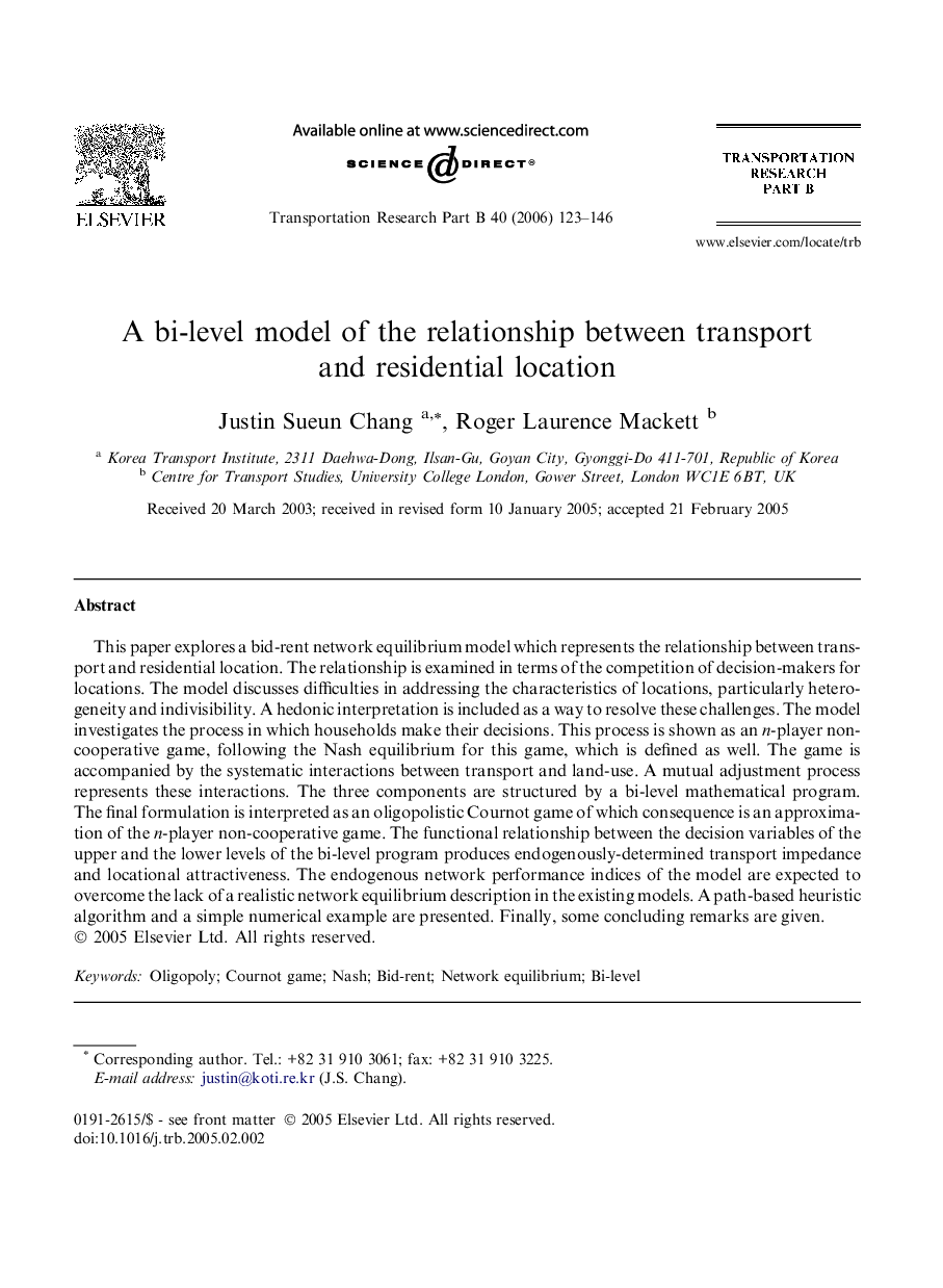 A bi-level model of the relationship between transport and residential location