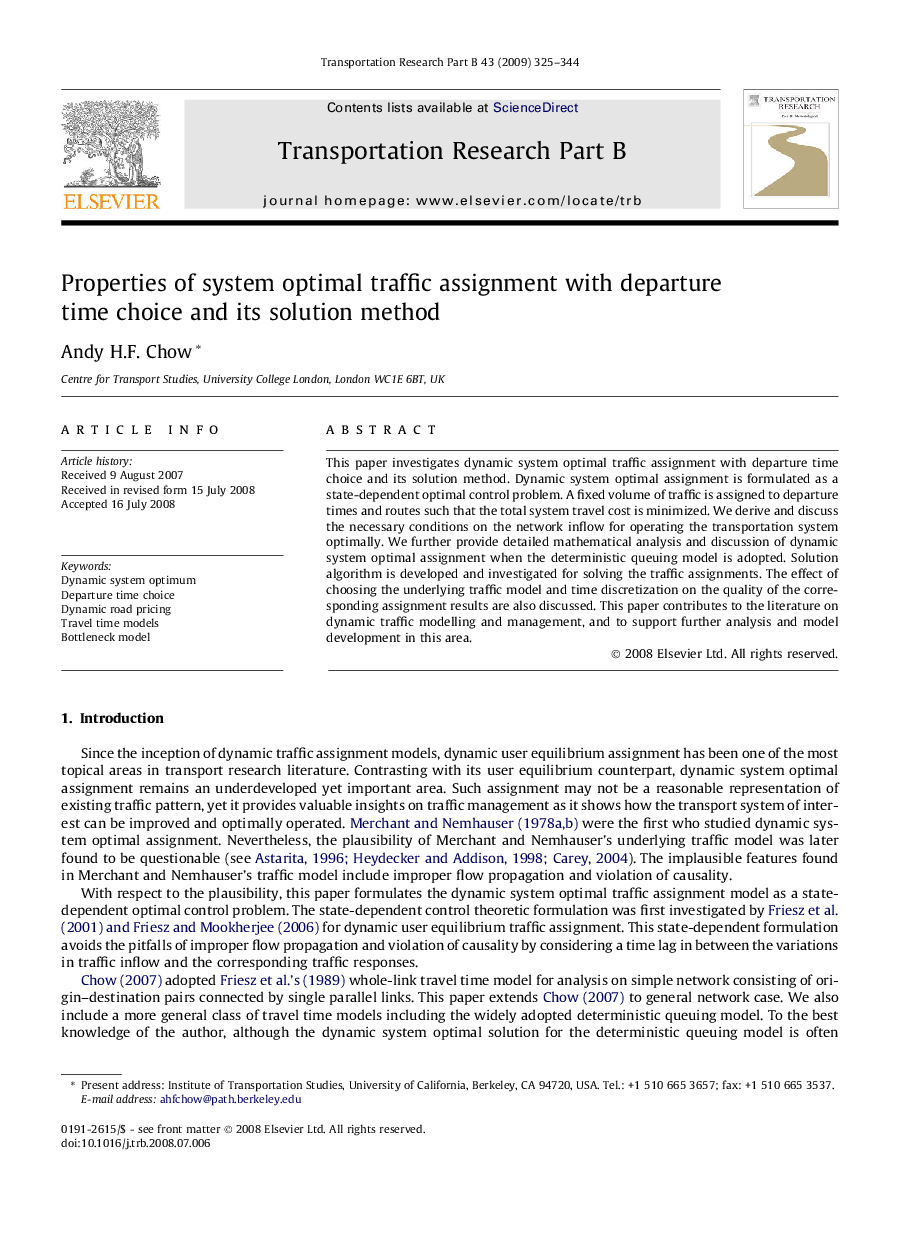 Properties of system optimal traffic assignment with departure time choice and its solution method