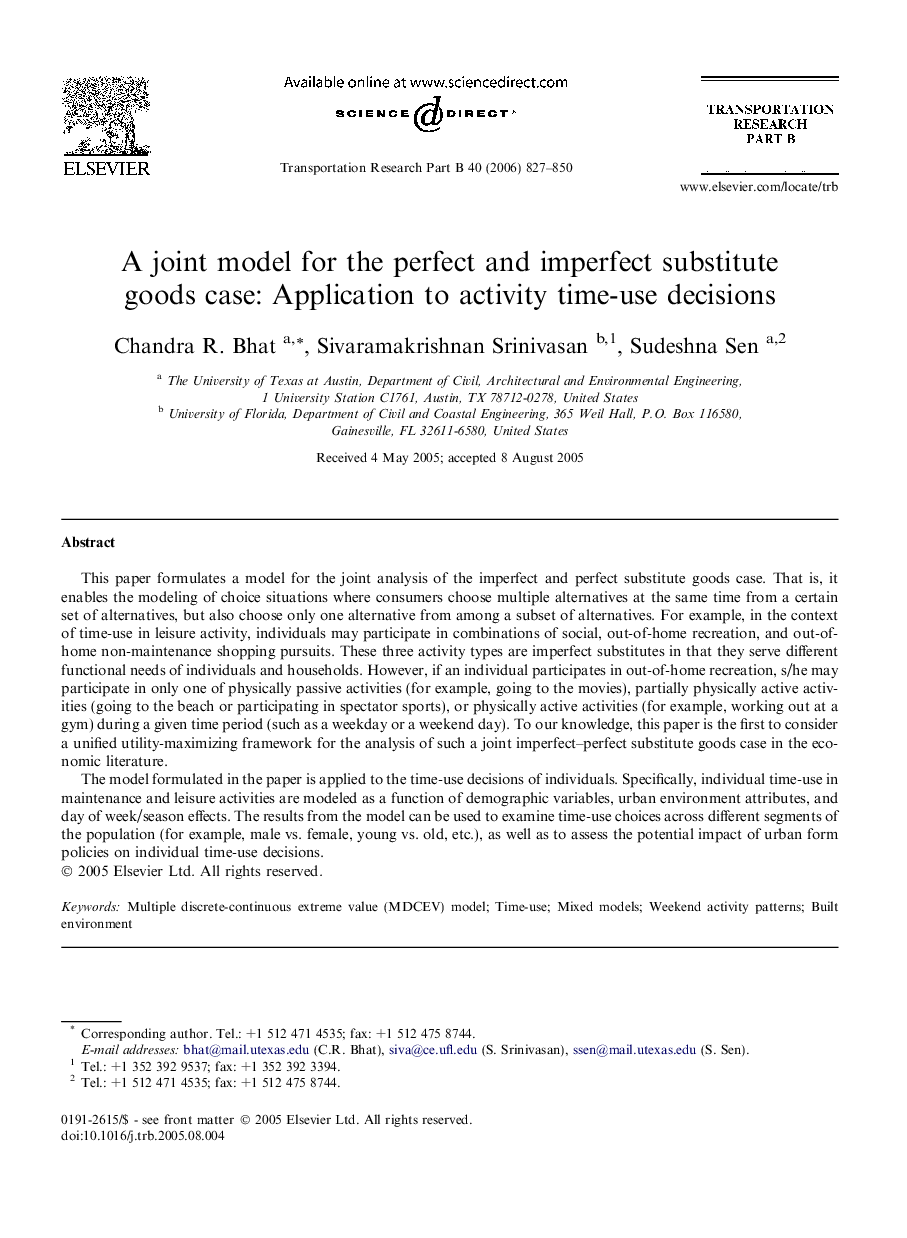 عکس صفحه اول مقاله: A joint model for the perfect and imperfect substitute goods case: Application to activity time-use decisions A joint model for the perfect and imperfect substitute goods case: Application to activity time-use decisions