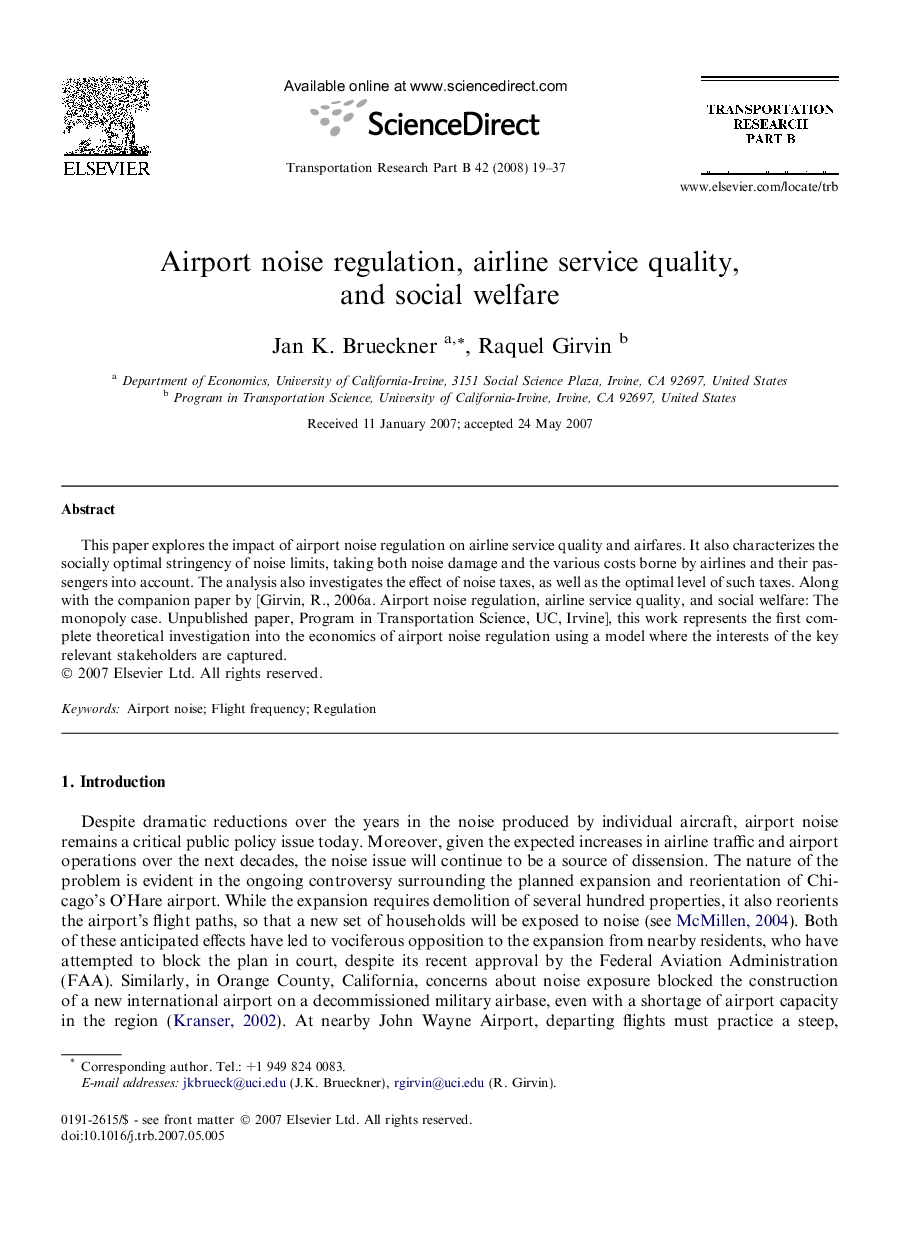 Airport noise regulation, airline service quality, and social welfare