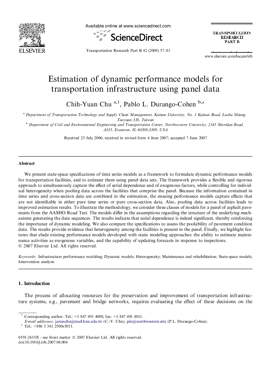 Estimation of dynamic performance models for transportation infrastructure using panel data