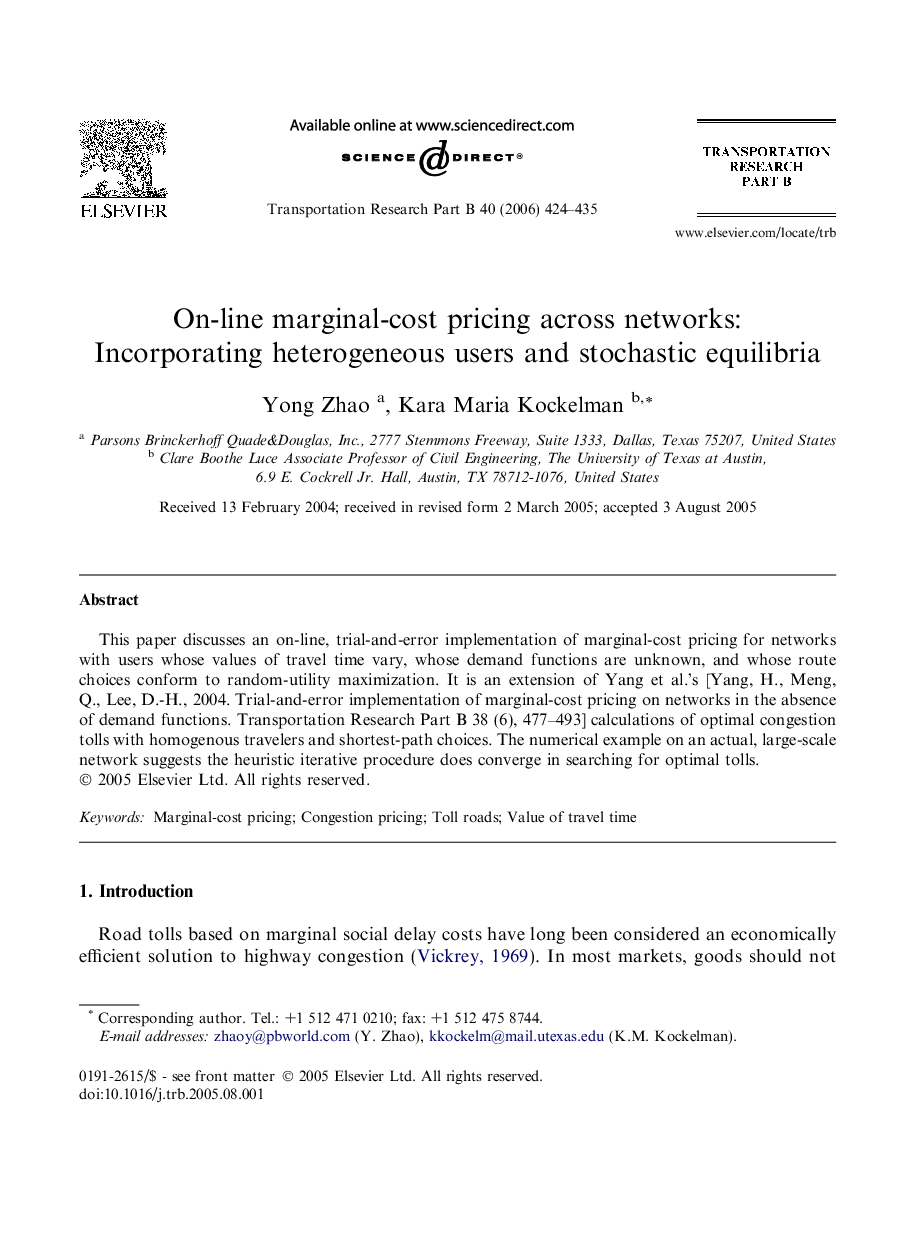 On-line marginal-cost pricing across networks: Incorporating heterogeneous users and stochastic equilibria