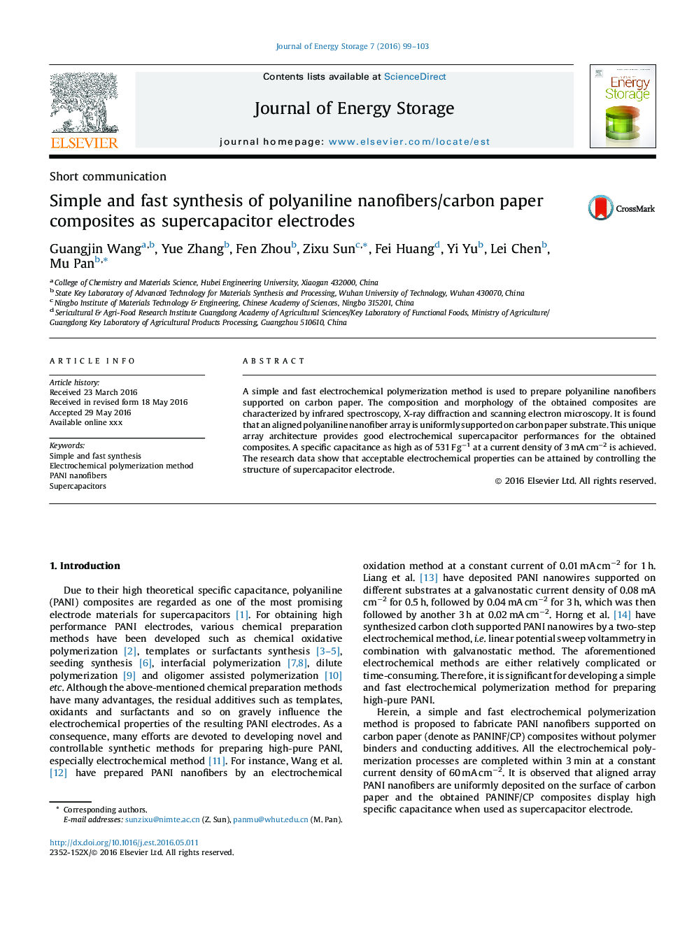 Simple and fast synthesis of polyaniline nanofibers/carbon paper composites as supercapacitor electrodes