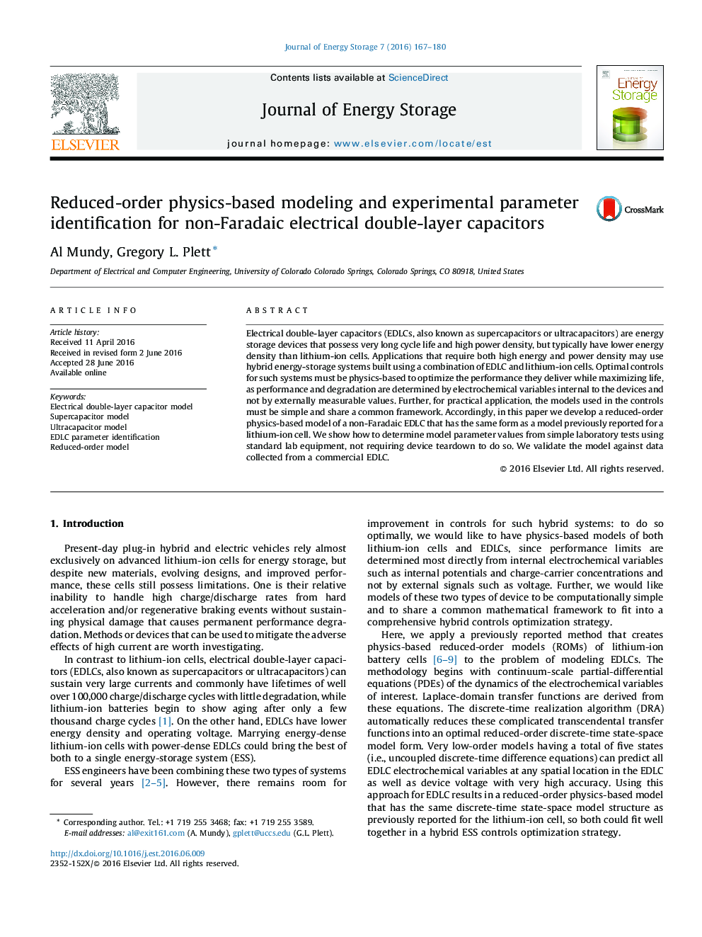 Reduced-order physics-based modeling and experimental parameter identification for non-Faradaic electrical double-layer capacitors