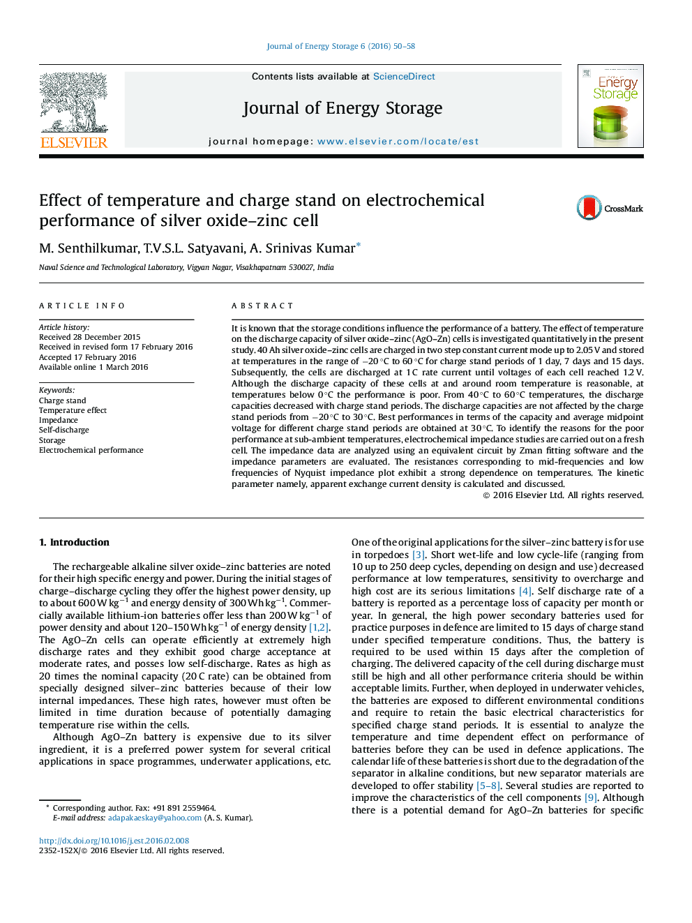 Effect of temperature and charge stand on electrochemical performance of silver oxide–zinc cell