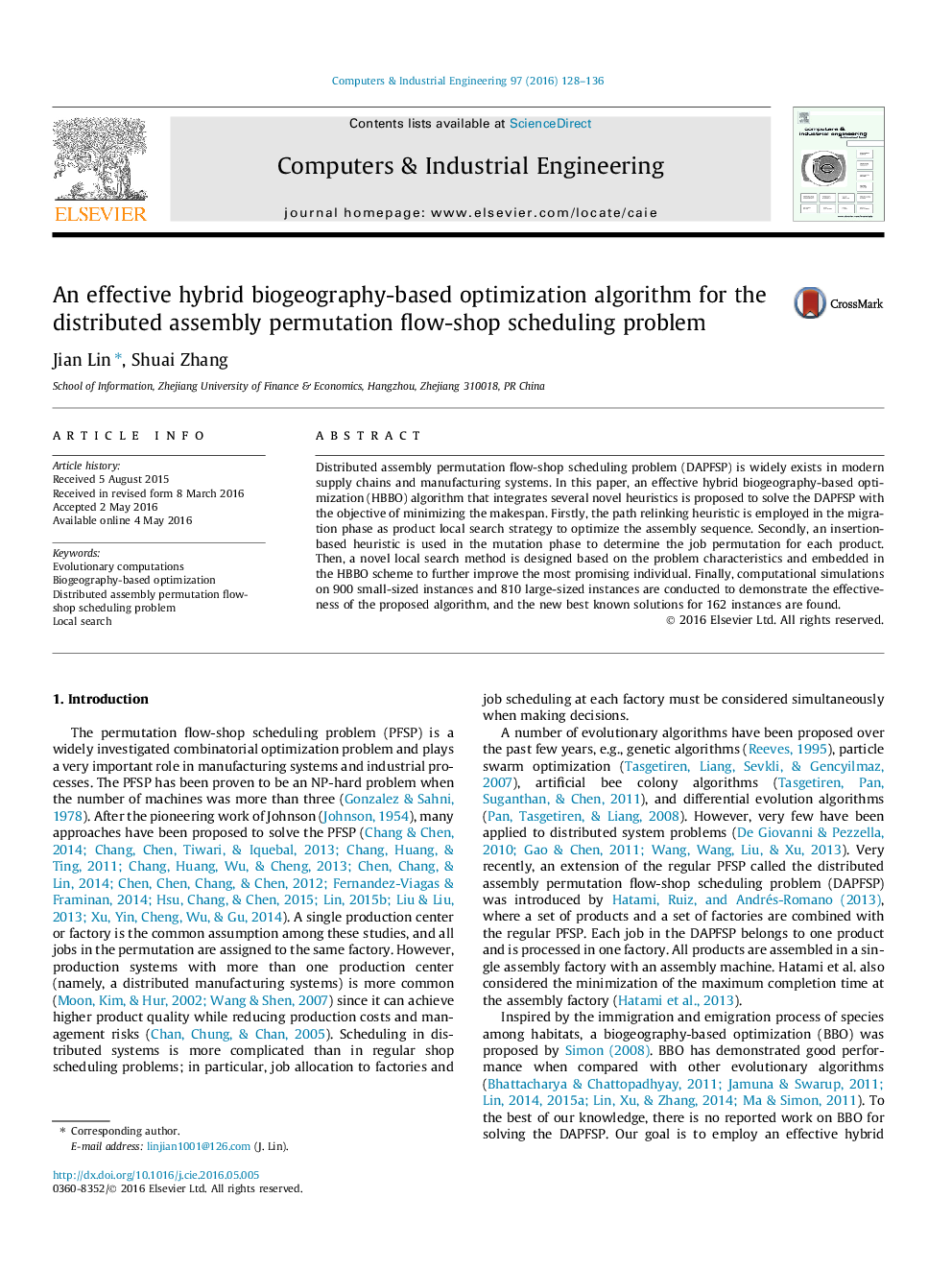 An effective hybrid biogeography-based optimization algorithm for the distributed assembly permutation flow-shop scheduling problem