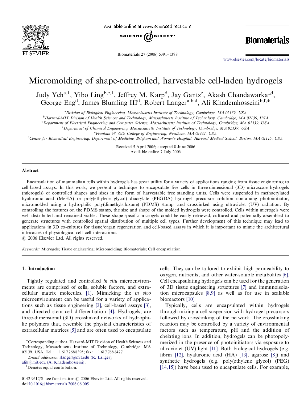 Micromolding of shape-controlled, harvestable cell-laden hydrogels