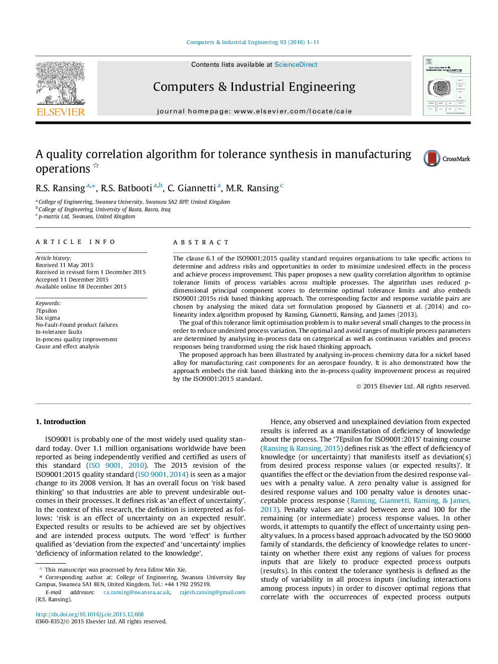 A quality correlation algorithm for tolerance synthesis in manufacturing operations 