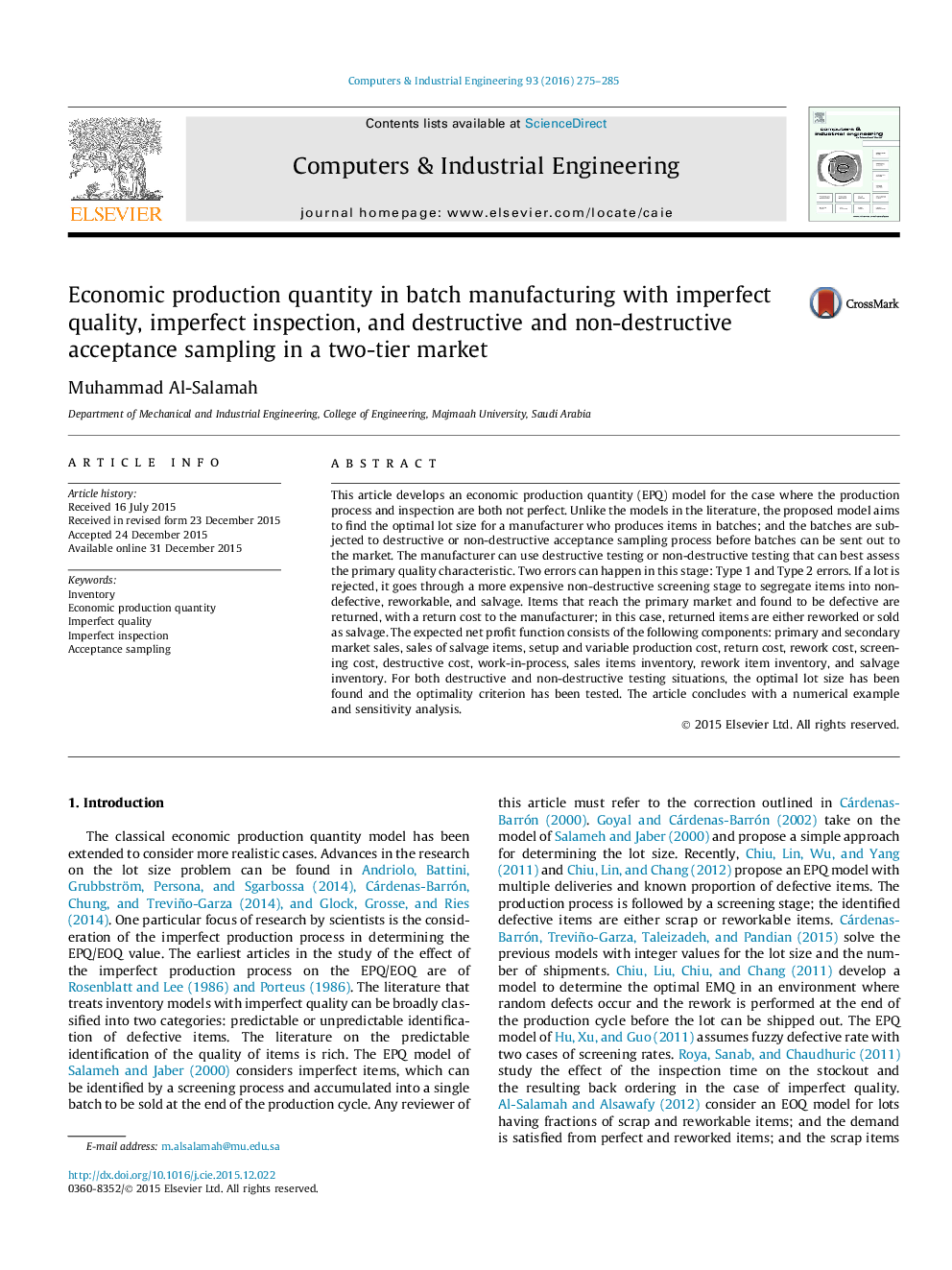 Economic production quantity in batch manufacturing with imperfect quality, imperfect inspection, and destructive and non-destructive acceptance sampling in a two-tier market