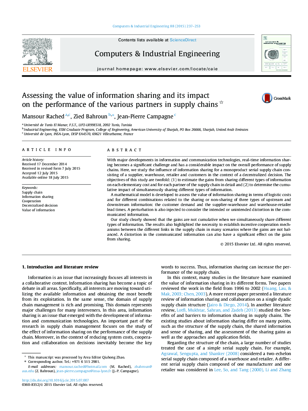 Assessing the value of information sharing and its impact on the performance of the various partners in supply chains 