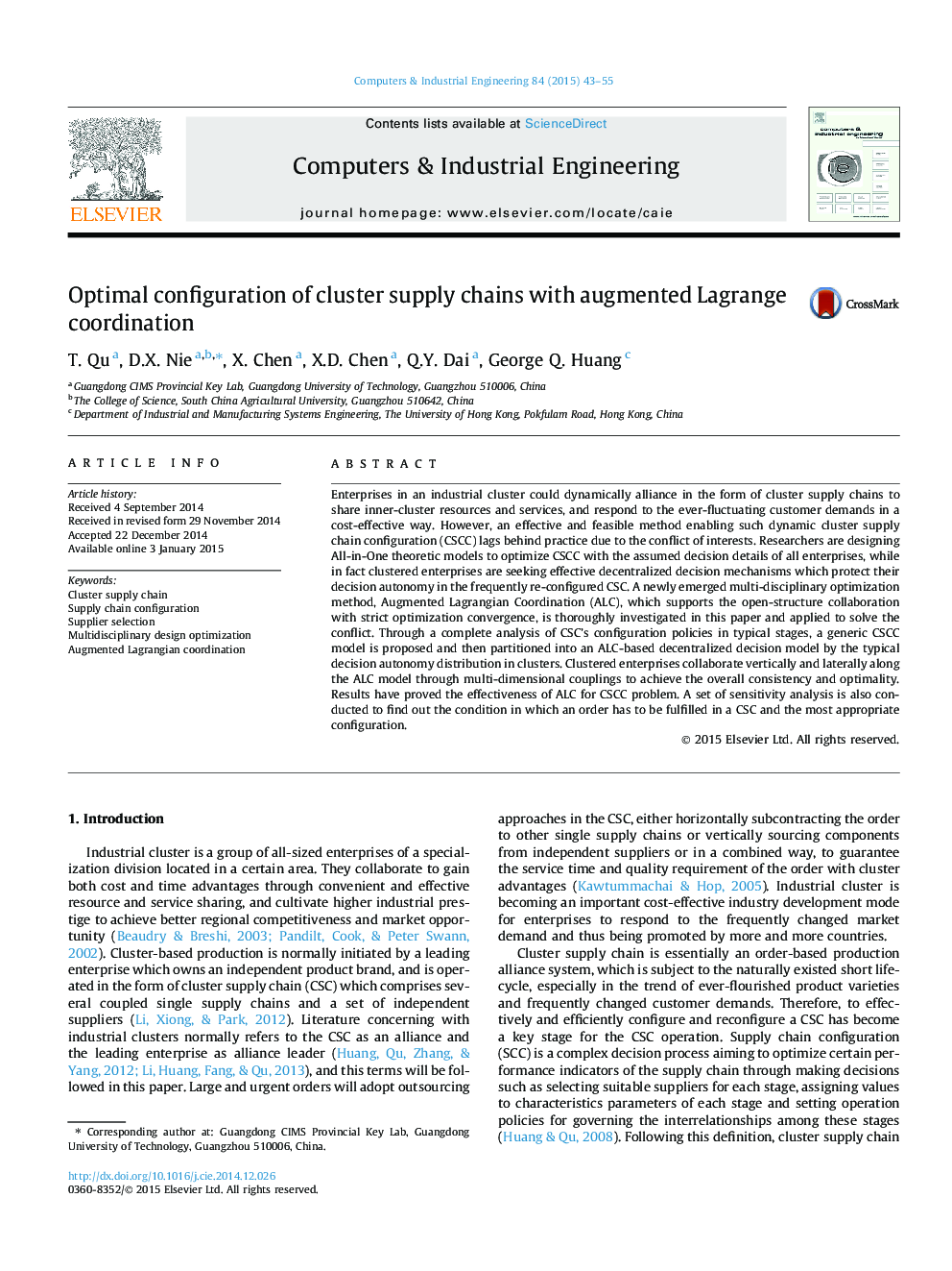 Optimal configuration of cluster supply chains with augmented Lagrange coordination