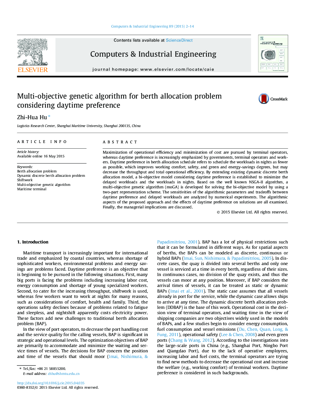 Multi-objective genetic algorithm for berth allocation problem considering daytime preference