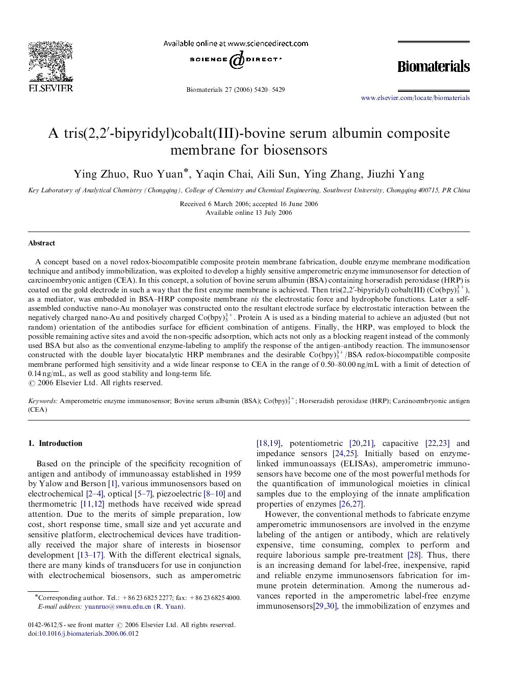A tris(2,2′-bipyridyl)cobalt(III)-bovine serum albumin composite membrane for biosensors