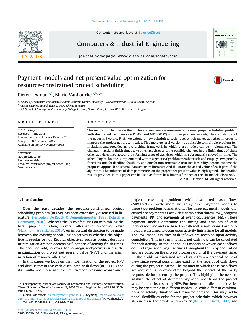 Payment models and net present value optimization for resource-constrained project scheduling