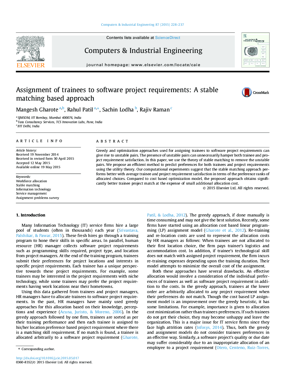 Assignment of trainees to software project requirements: A stable matching based approach