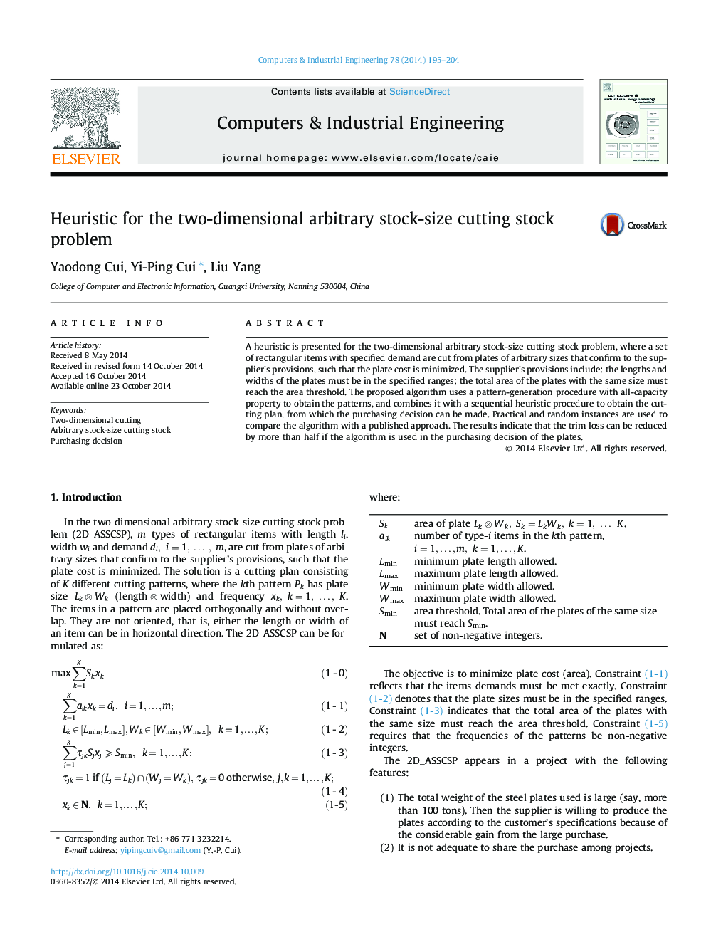 Heuristic for the two-dimensional arbitrary stock-size cutting stock problem