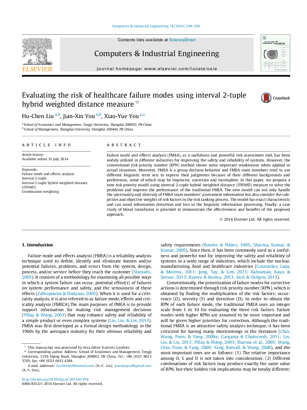 Evaluating the risk of healthcare failure modes using interval 2-tuple hybrid weighted distance measure 