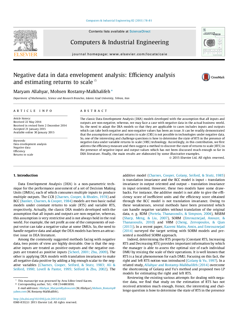 Negative data in data envelopment analysis: Efficiency analysis and estimating returns to scale 