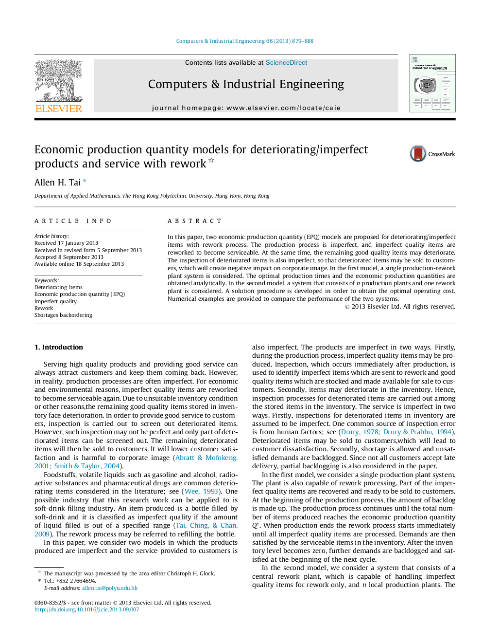 Economic production quantity models for deteriorating/imperfect products and service with rework 