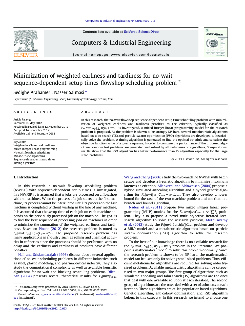 Minimization of weighted earliness and tardiness for no-wait sequence-dependent setup times flowshop scheduling problem 