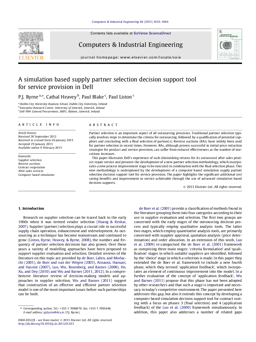 A simulation based supply partner selection decision support tool for service provision in Dell