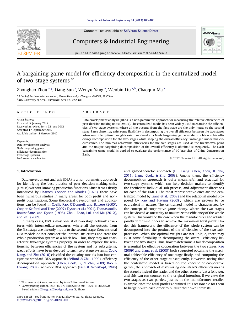 A bargaining game model for efficiency decomposition in the centralized model of two-stage systems 