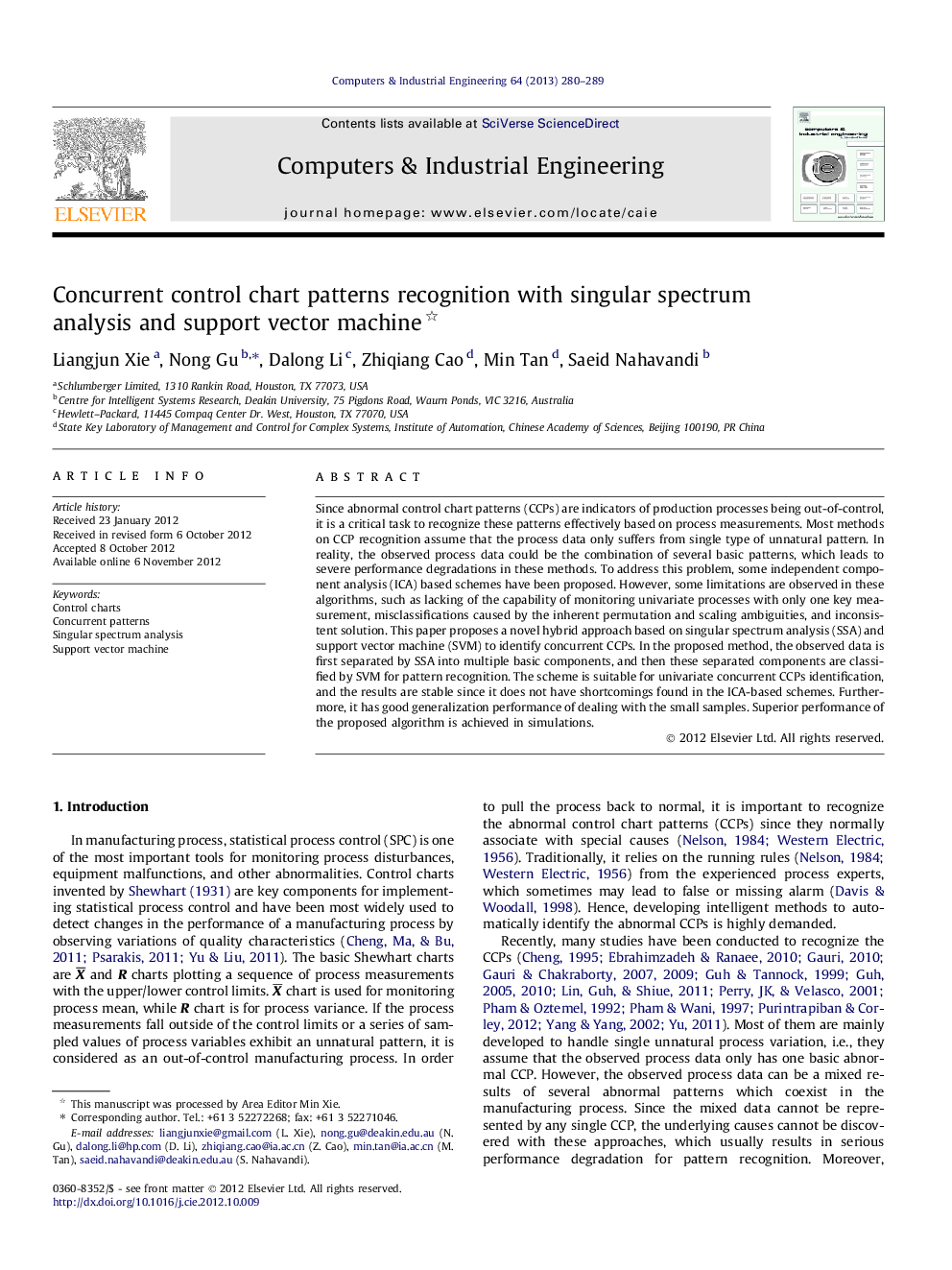 Concurrent control chart patterns recognition with singular spectrum analysis and support vector machine 