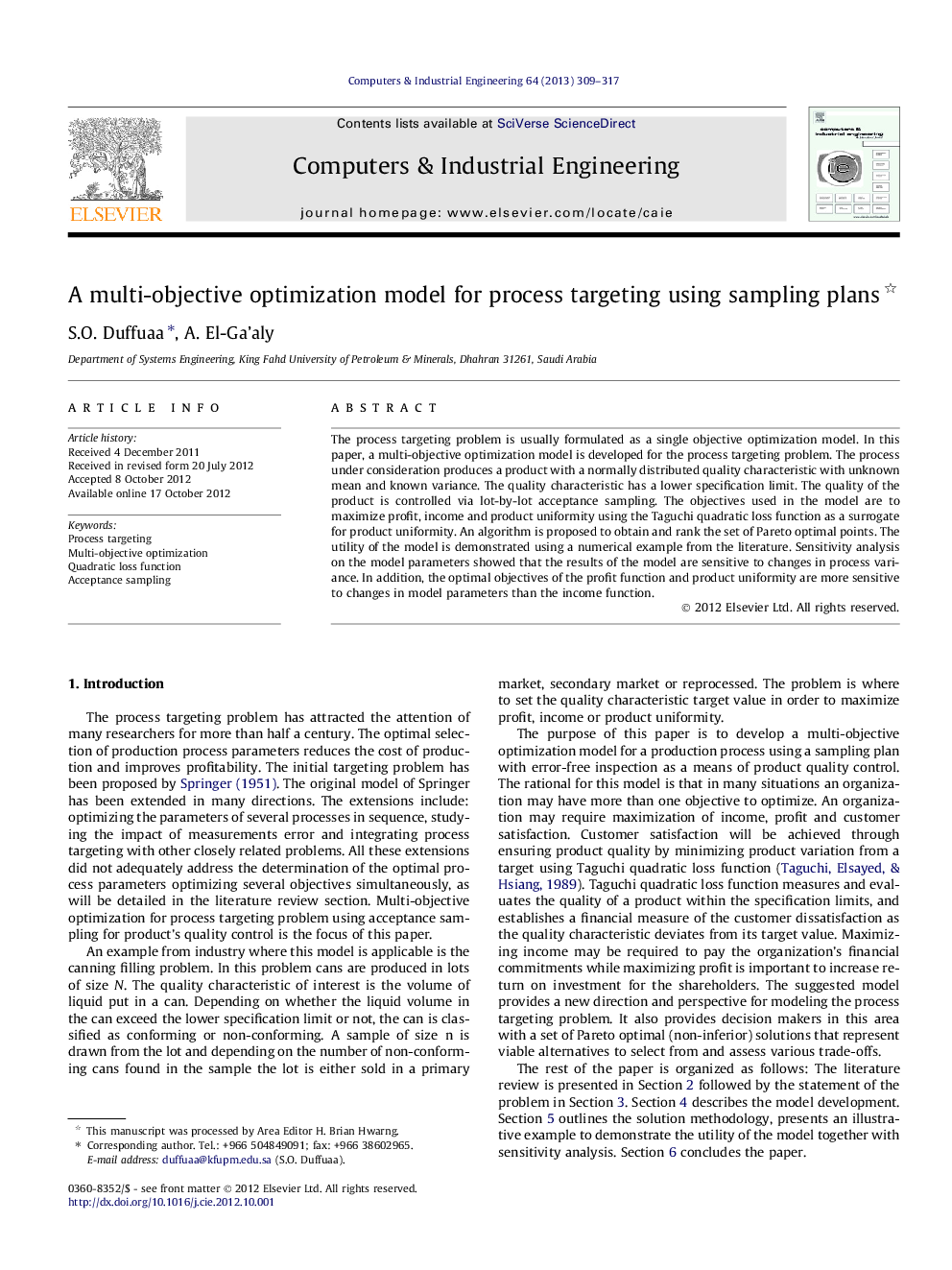 A multi-objective optimization model for process targeting using sampling plans 