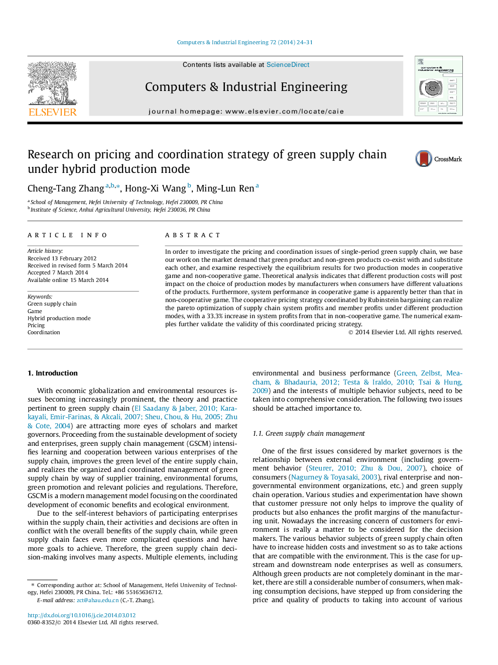 Research on pricing and coordination strategy of green supply chain under hybrid production mode