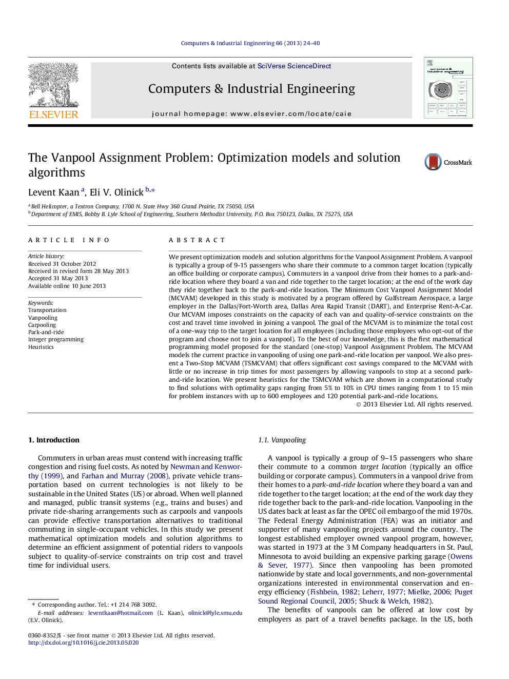 The Vanpool Assignment Problem: Optimization models and solution algorithms