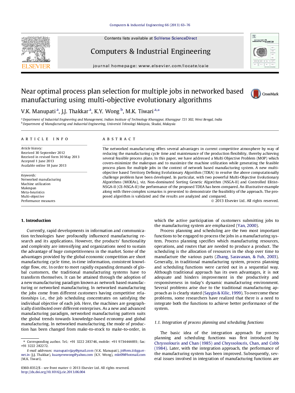 Near optimal process plan selection for multiple jobs in networked based manufacturing using multi-objective evolutionary algorithms